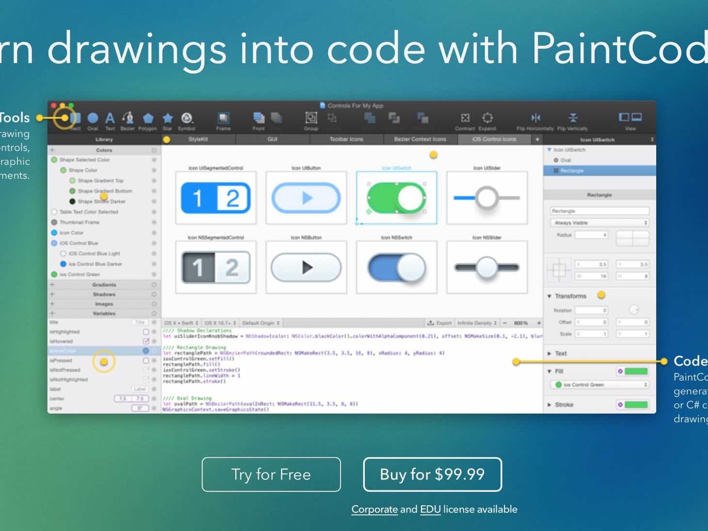 描いたベクターグラフィックをSwift/Objective-Cコードに変換できる「Paint Code 2」