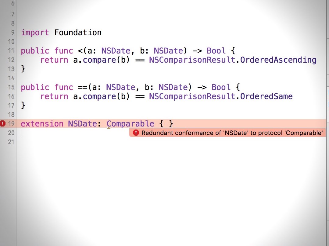 【解決】Redundant conformance of ‘NSDate’ to protocol ‘Comparable’エラーが出た時の対処方法